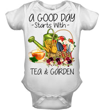 Load image into Gallery viewer, A Good Day Starts With Tea And Garden Special Custom Design Baby Onesie