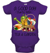 Load image into Gallery viewer, A Good Day Starts With Tea And Garden Special Custom Design Baby Onesie