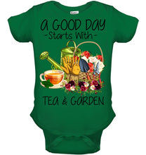 Load image into Gallery viewer, A Good Day Starts With Tea And Garden Special Custom Design Baby Onesie