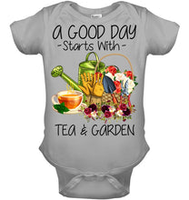 Load image into Gallery viewer, A Good Day Starts With Tea And Garden Special Custom Design Baby Onesie