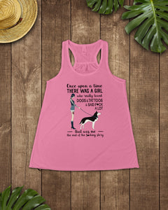 A Girl Really Loved Dogs And Tattoos  Unique Custom Design Ladies Flowy Tank