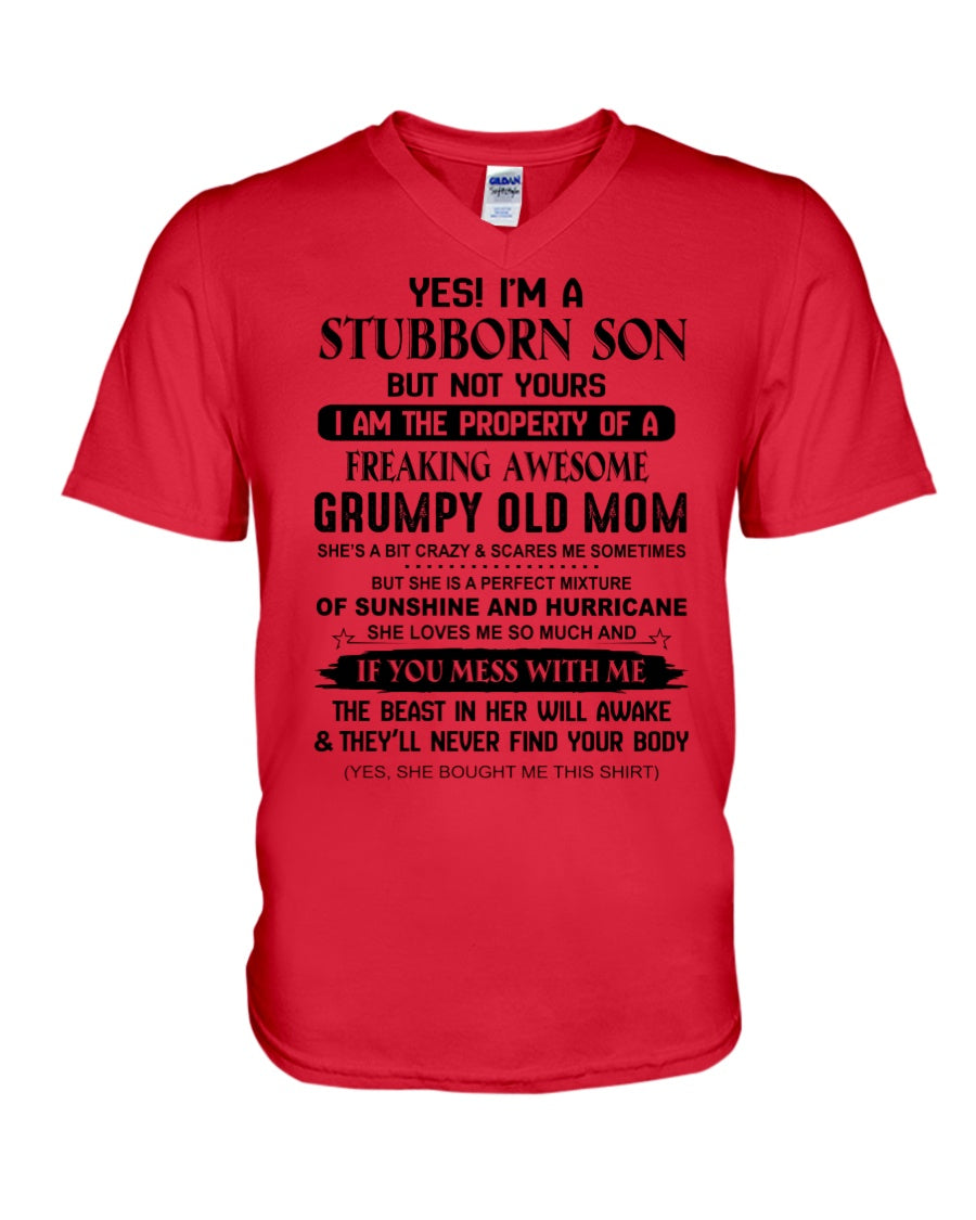 A Stubborn Son Of Freaking Awesome Grumpy Old Mom For Family Guys V-Neck
