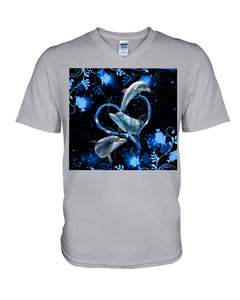 Lovely Phone Case With Dolphin Twinkling Blue Heart Gift For Dolphin Lovers Guys V-Neck
