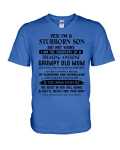 A Stubborn Son Of Freaking Awesome Grumpy Old Mom For Family Guys V-Neck