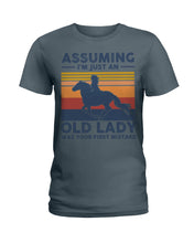 Load image into Gallery viewer, Assuming I'm Just An Old LAdy Was Your First Mistake Retro Vintage Ladies Tee
