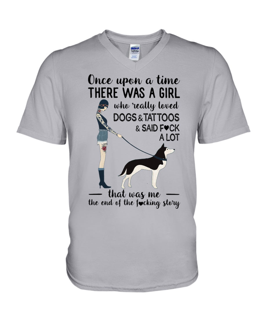 A Girl Really Loved Dogs And Tattoos  Unique Custom Design Guys V-Neck